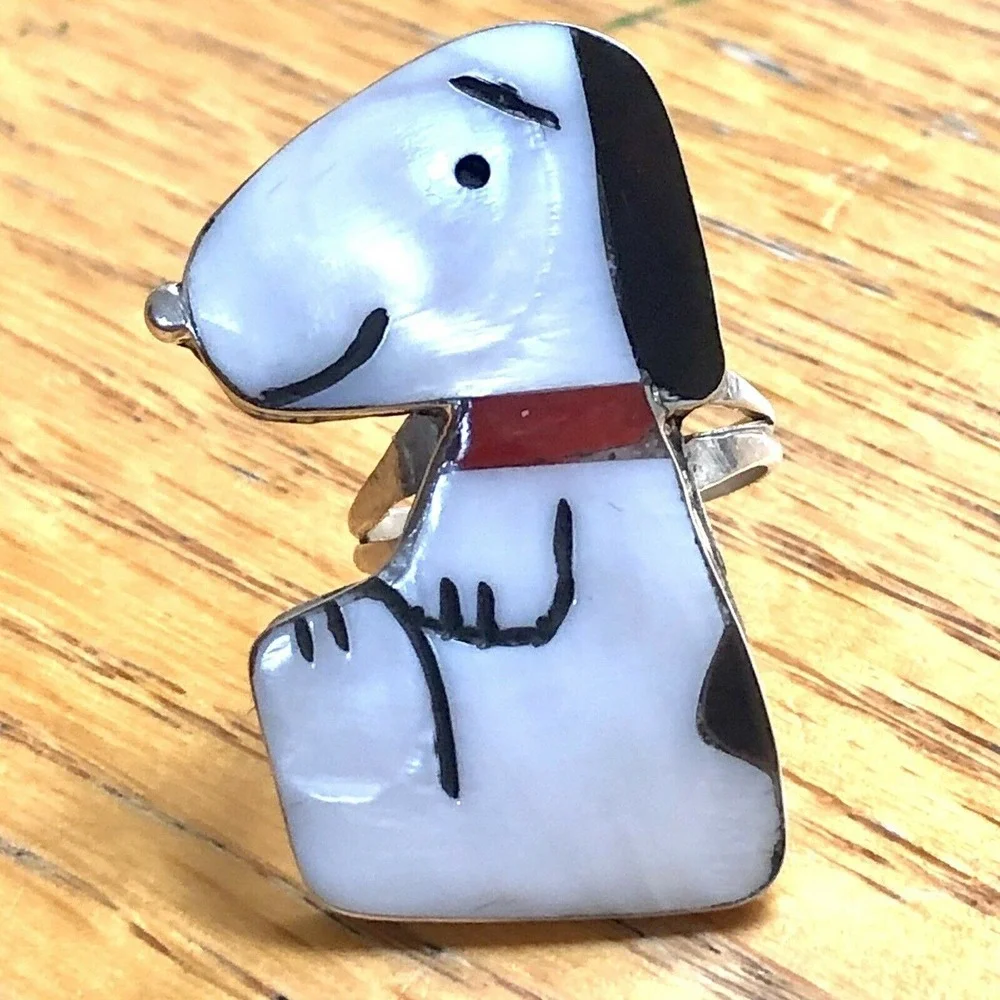 BIG Zuni‎ Snoopy Ring Red Collar Sz 5 Inlay 925 Signed Comosona Peanuts Turquois